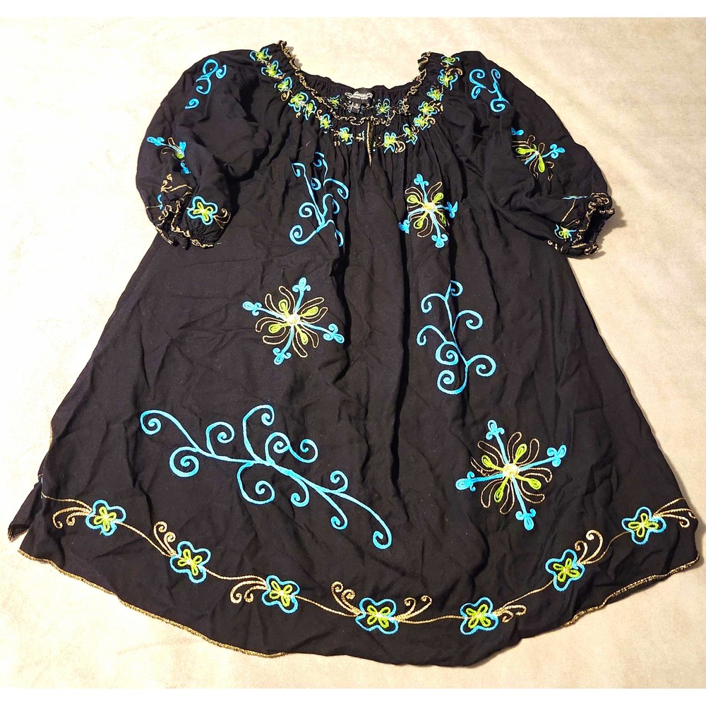 Colleen Lopez 1X Black Embroidered Boho Tunic Blouse Floral Scroll 3/4 Sleeve